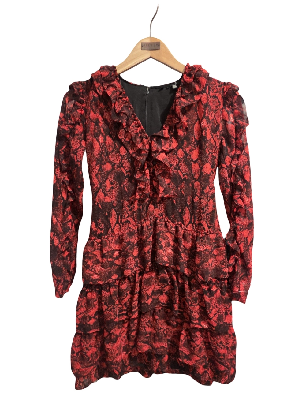 Buffalo David Bitton Red and Black Ruffle Tiered Long-Sleeve Dress Size XS